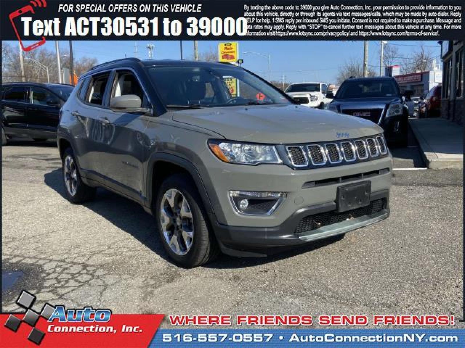 2019 Sting-Gray Clearcoat /Black Jeep Compass Limited 4x4 (3C4NJDCB1KT) , Automatic transmission, located at 2860 Sunrise Hwy, Bellmore, NY, 11710, (516) 557-0557, 40.669529, -73.522118 - Form meets function with the 2019 Jeep Compass. This Compass has been driven with care for 68206 miles. Real cars. Real prices. Real people. Start driving today. All internet purchases include a 12 mo/ 12000 mile protection plan. All internet purchase prices are displayed with a $1995 trade or cash - Photo #0
